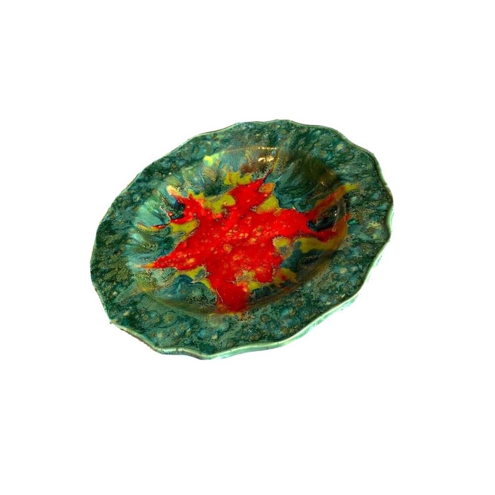 Beautiful Painted Artist Signed Bowl Pottery Dish Platter Green Red Glazed Rare